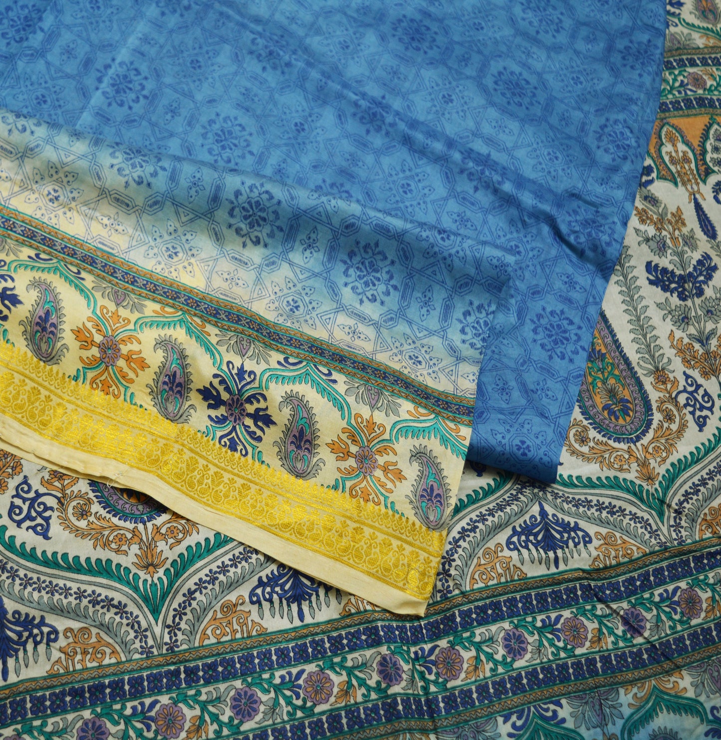 Indian Vintage Sari Blue Pure Silk Printed Saree Fabric 5yard Sewing Craft Fabric DressMaking Soft Wrap Floral Zari