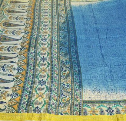 Indian Vintage Sari Blue Pure Silk Printed Saree Fabric 5yard Sewing Craft Fabric DressMaking Soft Wrap Floral Zari