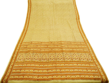 Indian Vintage Sari Beige 100% Pure Silk Printed Saree Fabric 6yard Sewing Craft DressMaking Soft Floral