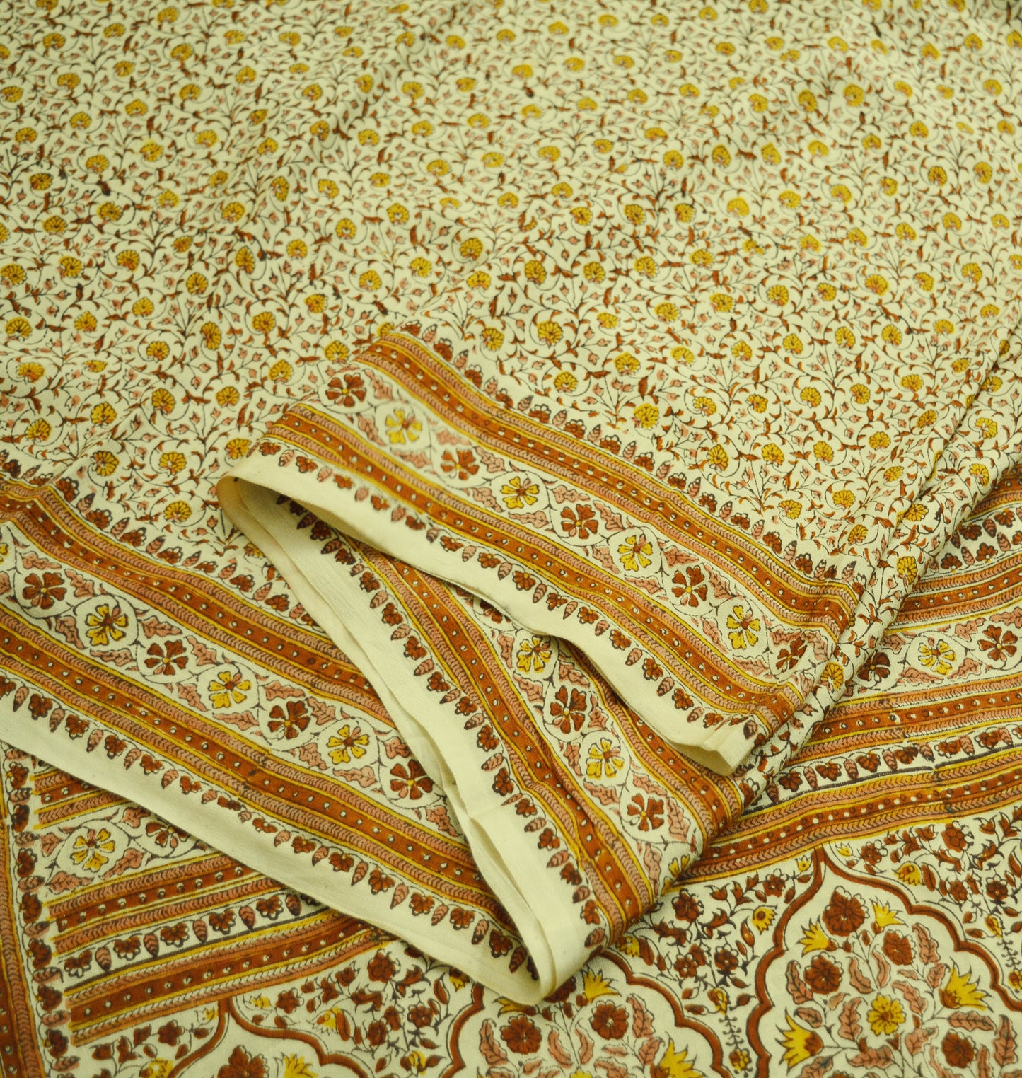 Indian Vintage Sari Beige 100% Pure Silk Printed Saree Fabric 6yard Sewing Craft DressMaking Soft Floral