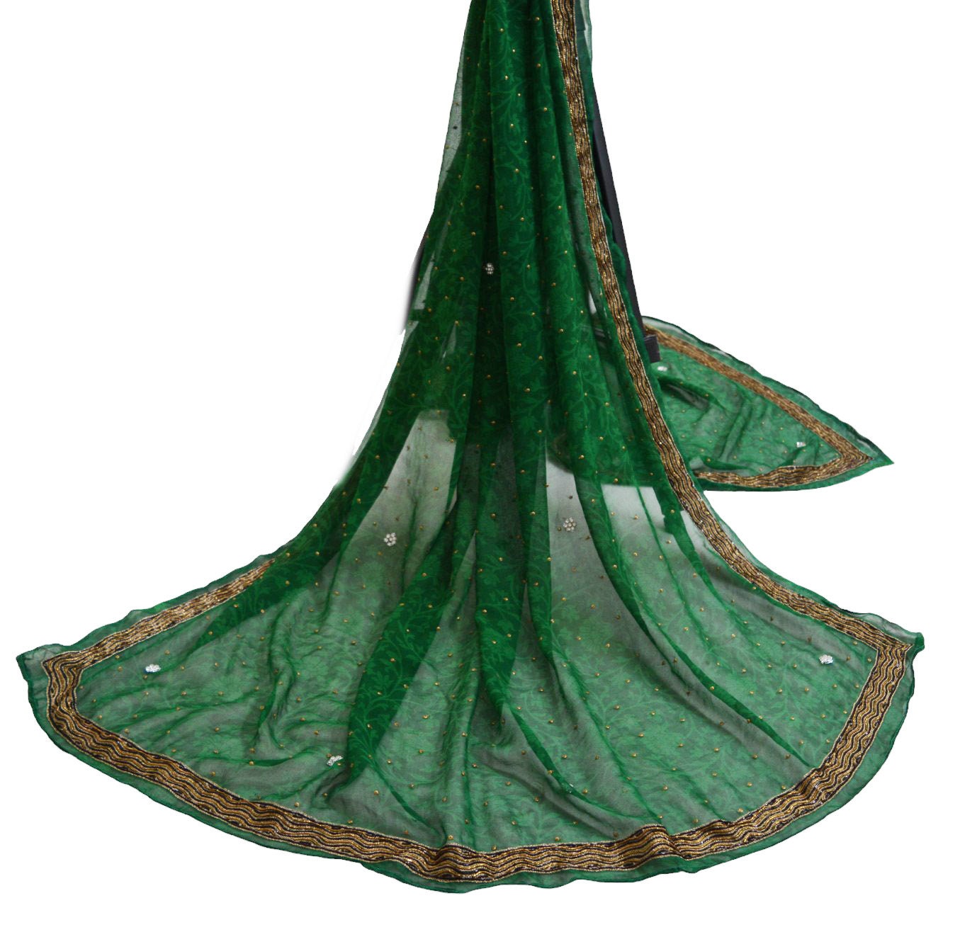 Indian Vintage Green Dupatta Pure Georgette silk Long Stole Hand Embroidered Scarves Stole Veil Wrap Sequins