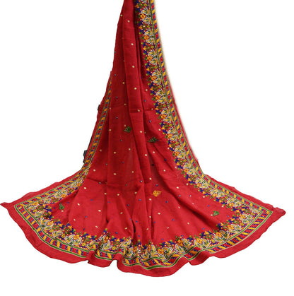 Indian Vintage Red Dupatta Pure silk Long Stole Hand Embroidered Scarves Floral Stole Veil Wrap