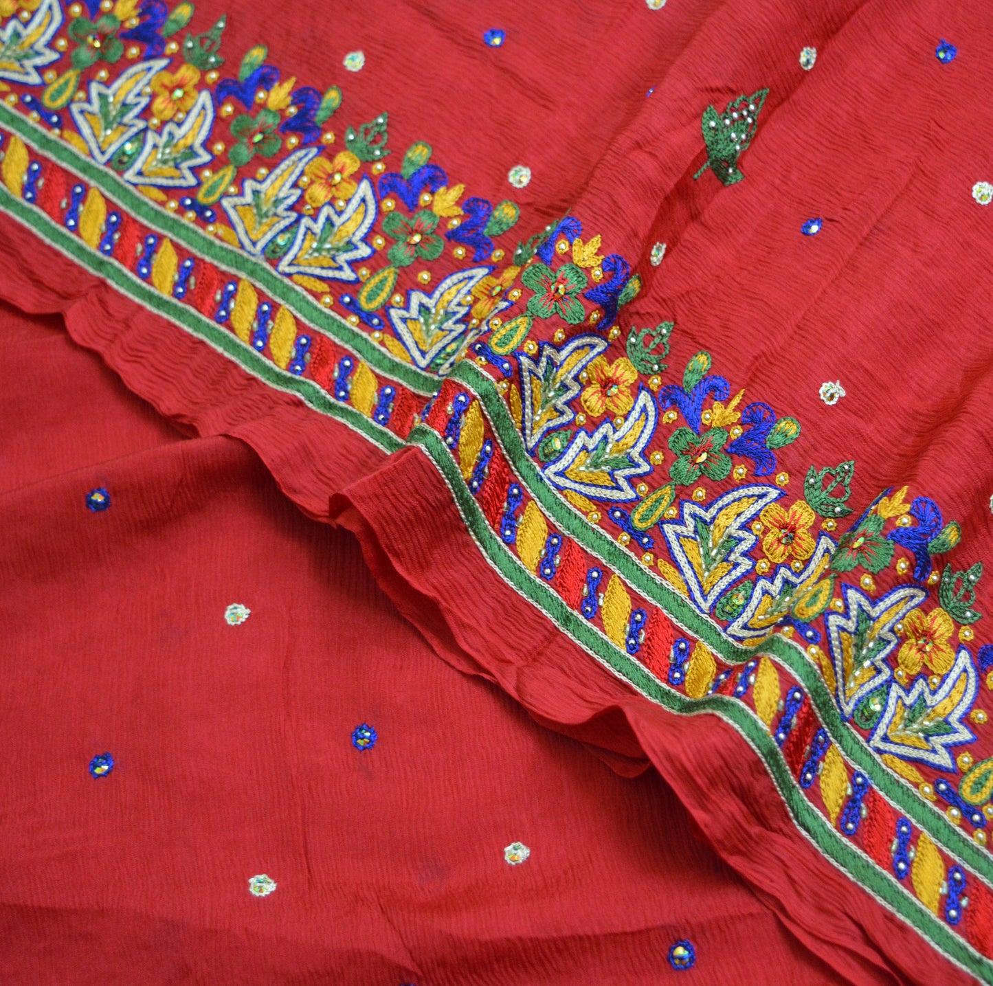 Indian Vintage Red Dupatta Pure silk Long Stole Hand Embroidered Scarves Floral Stole Veil Wrap