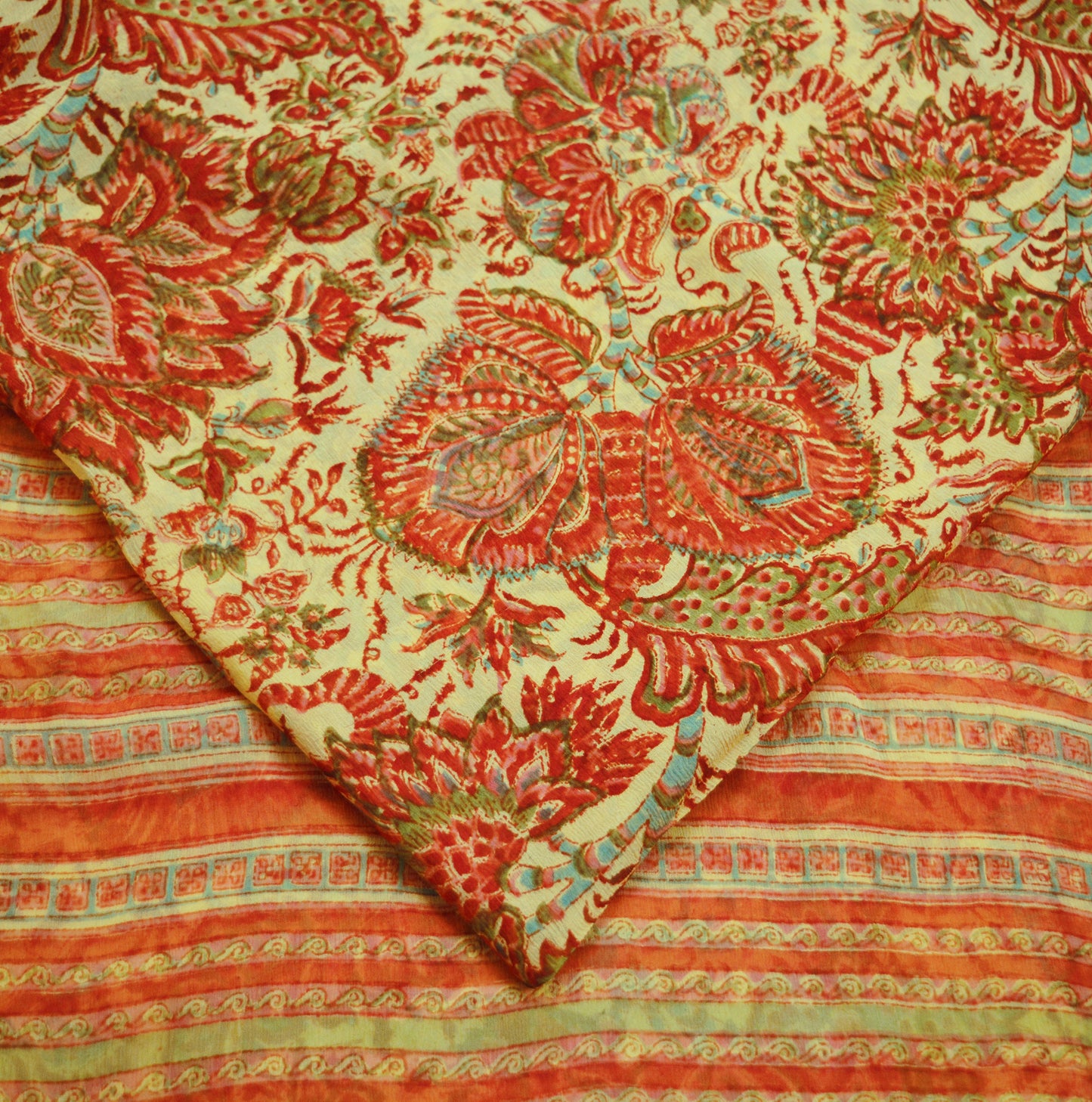 Women Vintage Sari Beige & red Pure Chiffon Silk Block Printed Saree Craft Fabric Sewing 5Yard Soft Light Sari Dress Making