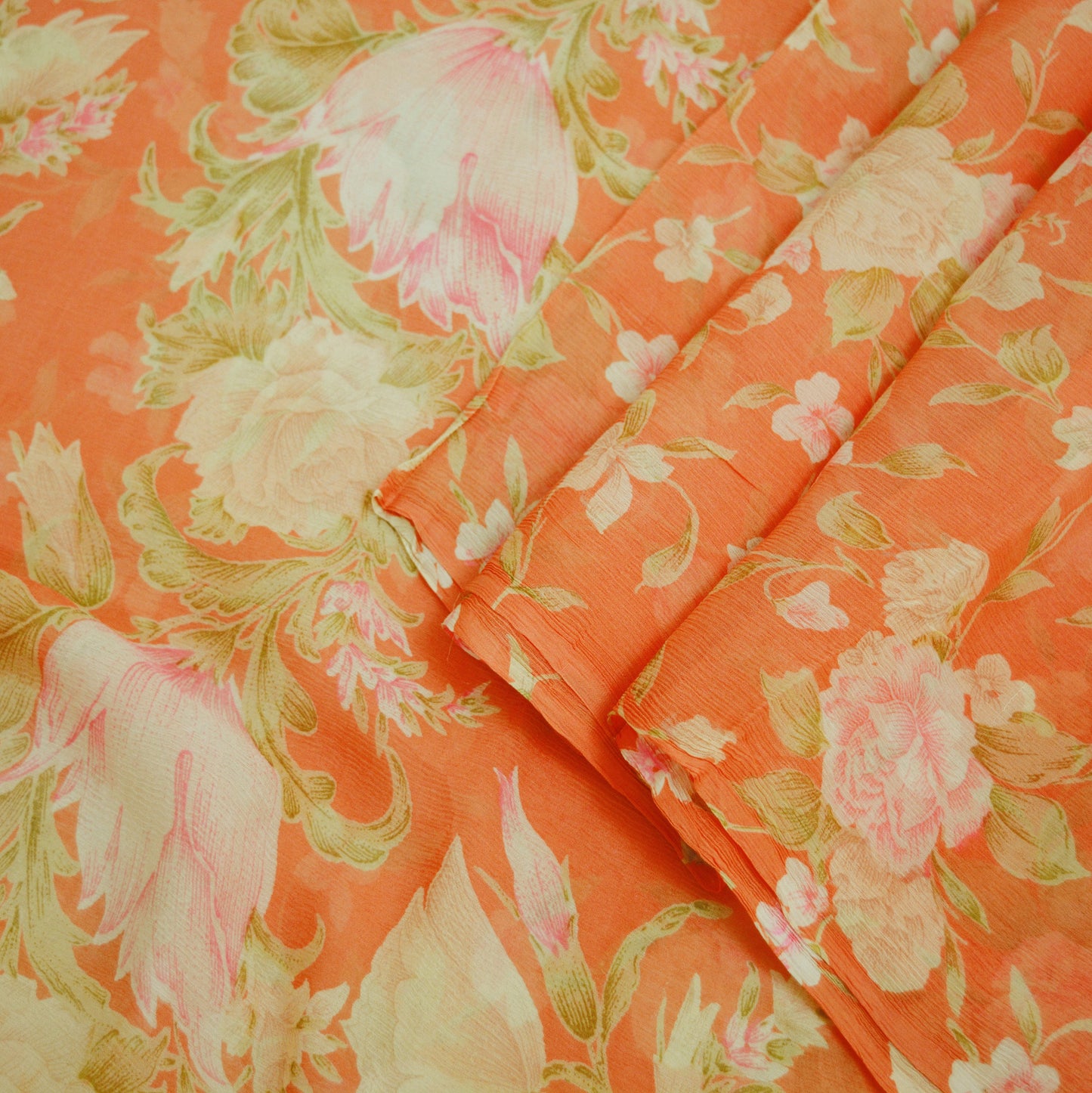 Women Vintage Sari Orange Pure Chiffon Silk Printed Saree Craft Fabric Sewing 5Yard Soft Light Sari Dress Making Floral