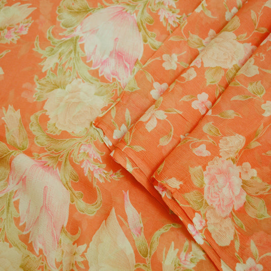Women Vintage Sari Orange Pure Chiffon Silk Printed Saree Craft Fabric Sewing 5Yard Soft Light Sari Dress Making Floral