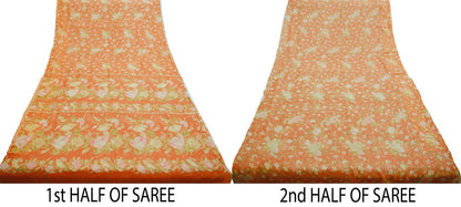 Women Vintage Sari Orange Pure Chiffon Silk Printed Saree Craft Fabric Sewing 5Yard Soft Light Sari Dress Making Floral