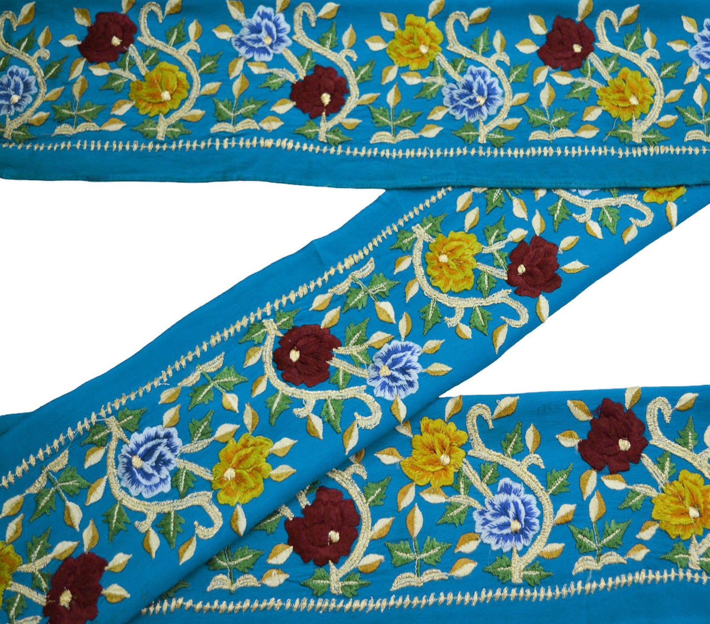 Indian Vintage Turquoise Saree Border Hand Embroidered Indian Craft Trim Lace Sewing Sari Ribbon Pure Crepe silk