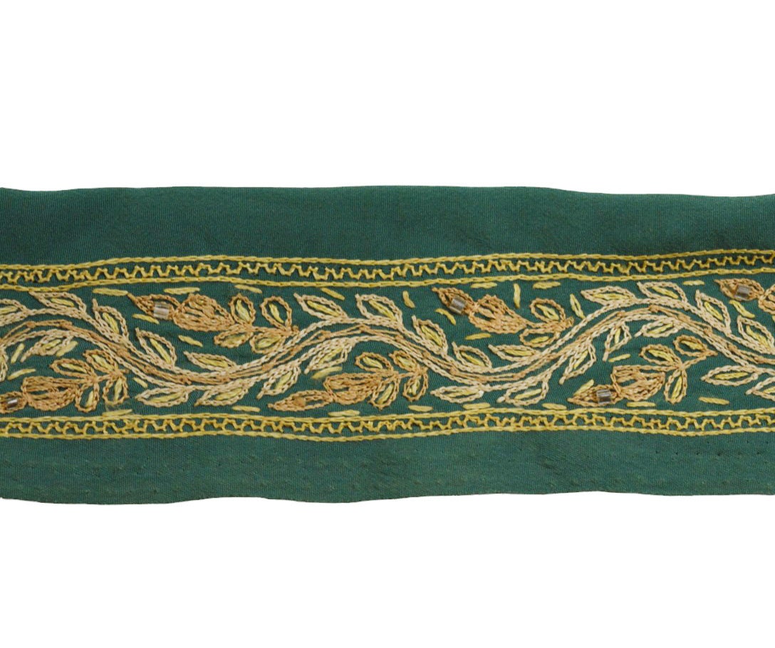 Indian Vintage Green Sari Border Hand Embroidered Indian Craft Trim Lace Sewing Sari Ribbon Crepe