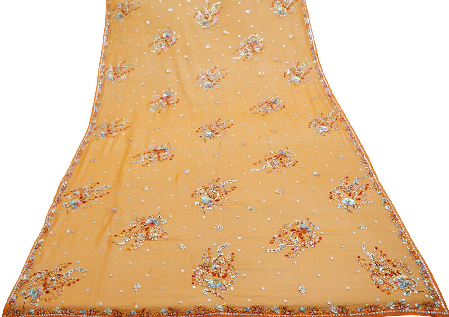 Indian Vintage Orange Dupatta Pure Georgette silk Long Stole Hand Embroidered Scarves Stole Veil Wrap Sequins