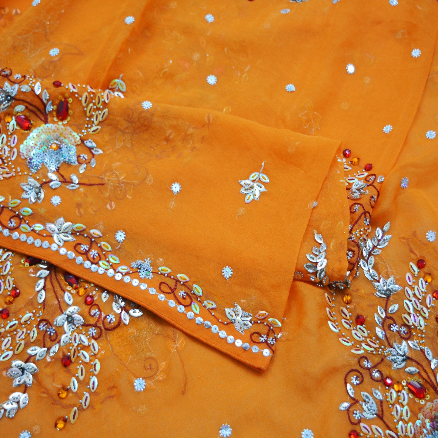 Indian Vintage Orange Dupatta Pure Georgette silk Long Stole Hand Embroidered Scarves Stole Veil Wrap Sequins