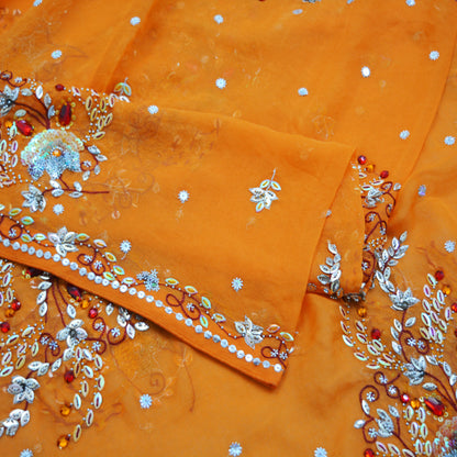 Indian Vintage Orange Dupatta Pure Georgette silk Long Stole Hand Embroidered Scarves Stole Veil Wrap Sequins