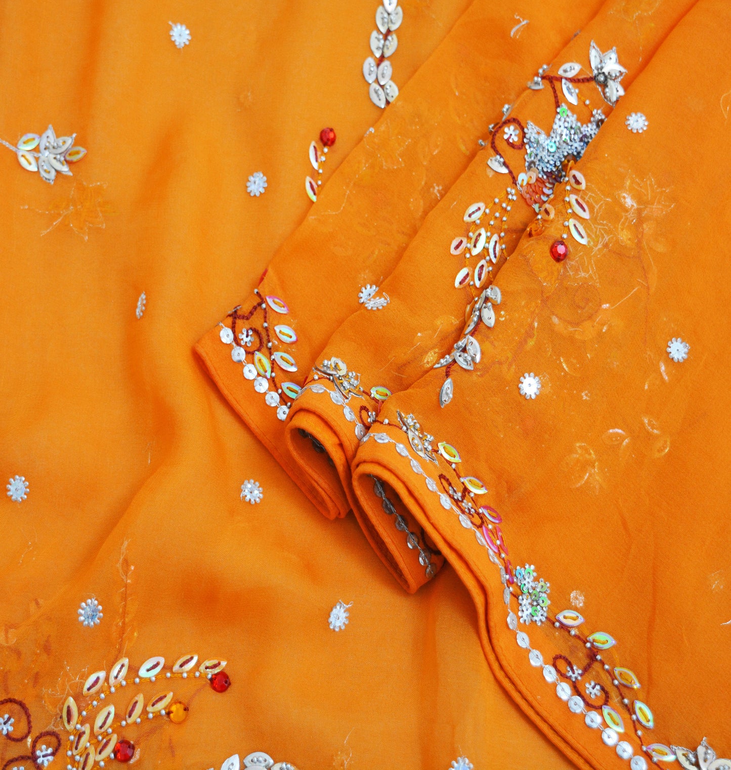 Indian Vintage Orange Dupatta Pure Georgette silk Long Stole Hand Embroidered Scarves Stole Veil Wrap Sequins