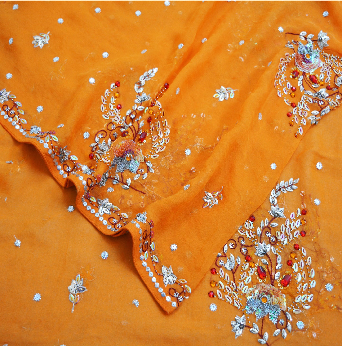 Indian Vintage Orange Dupatta Pure Georgette silk Long Stole Hand Embroidered Scarves Stole Veil Wrap Sequins