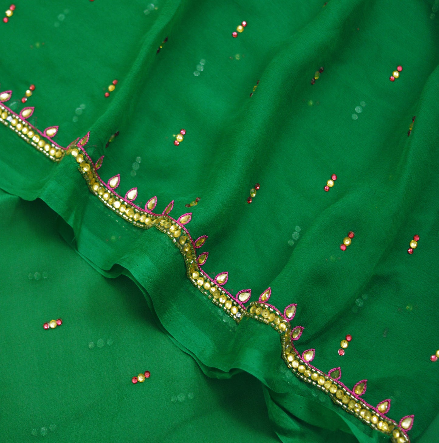 Indian Vintage Green Dupatta Pure Georgette silk Long Stole Hand Embroidered Scarves Stole Veil Wrap