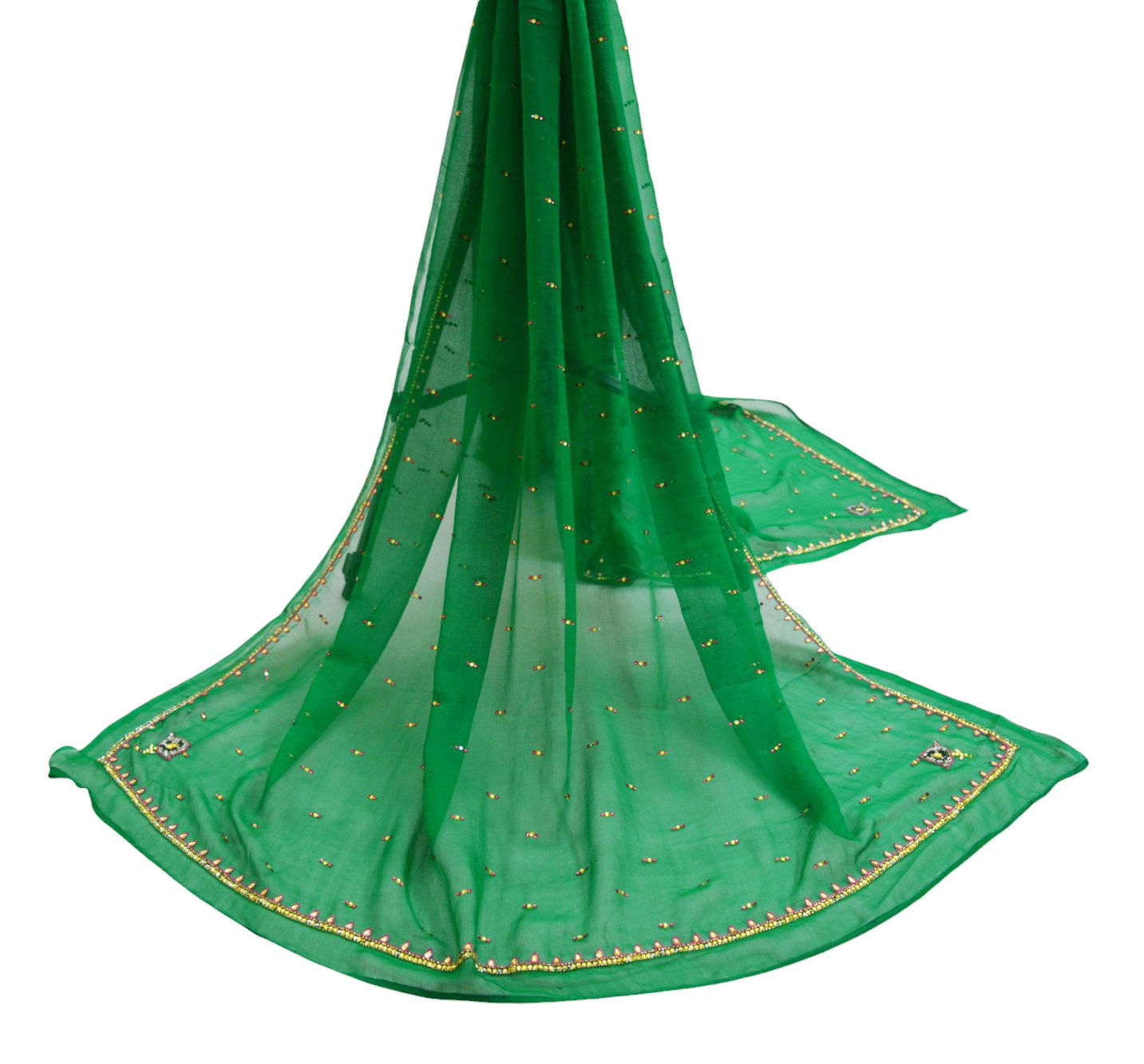 Indian Vintage Green Dupatta Pure Georgette silk Long Stole Hand Embroidered Scarves Stole Veil Wrap