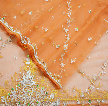 FREE  SHIPPING Indian Vintage Orange Dupatta Net Mesh Long Stole Hand Embroidered Scarves Golden Zardozi Zari Sequins Stole