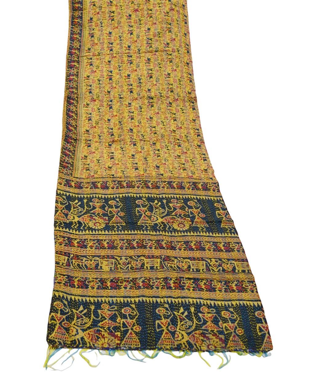 Indian Vintage Beige & Blue Dupatta Long Stole Pure Silk Hand Embroidered Kantha Indian Scarves Veil Scarf Wrap