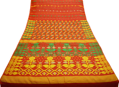 Indian Vintage Sari Red Hand Woven Sari Cotton Saree Fabric 5Yard Floral Soft Golden Zari