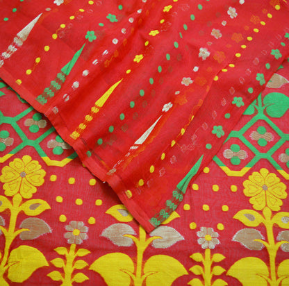 Indian Vintage Sari Red Hand Woven Sari Cotton Saree Fabric 5Yard Floral Soft Golden Zari