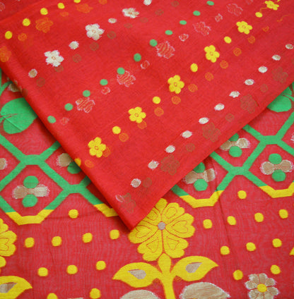 Indian Vintage Sari Red Hand Woven Sari Cotton Saree Fabric 5Yard Floral Soft Golden Zari