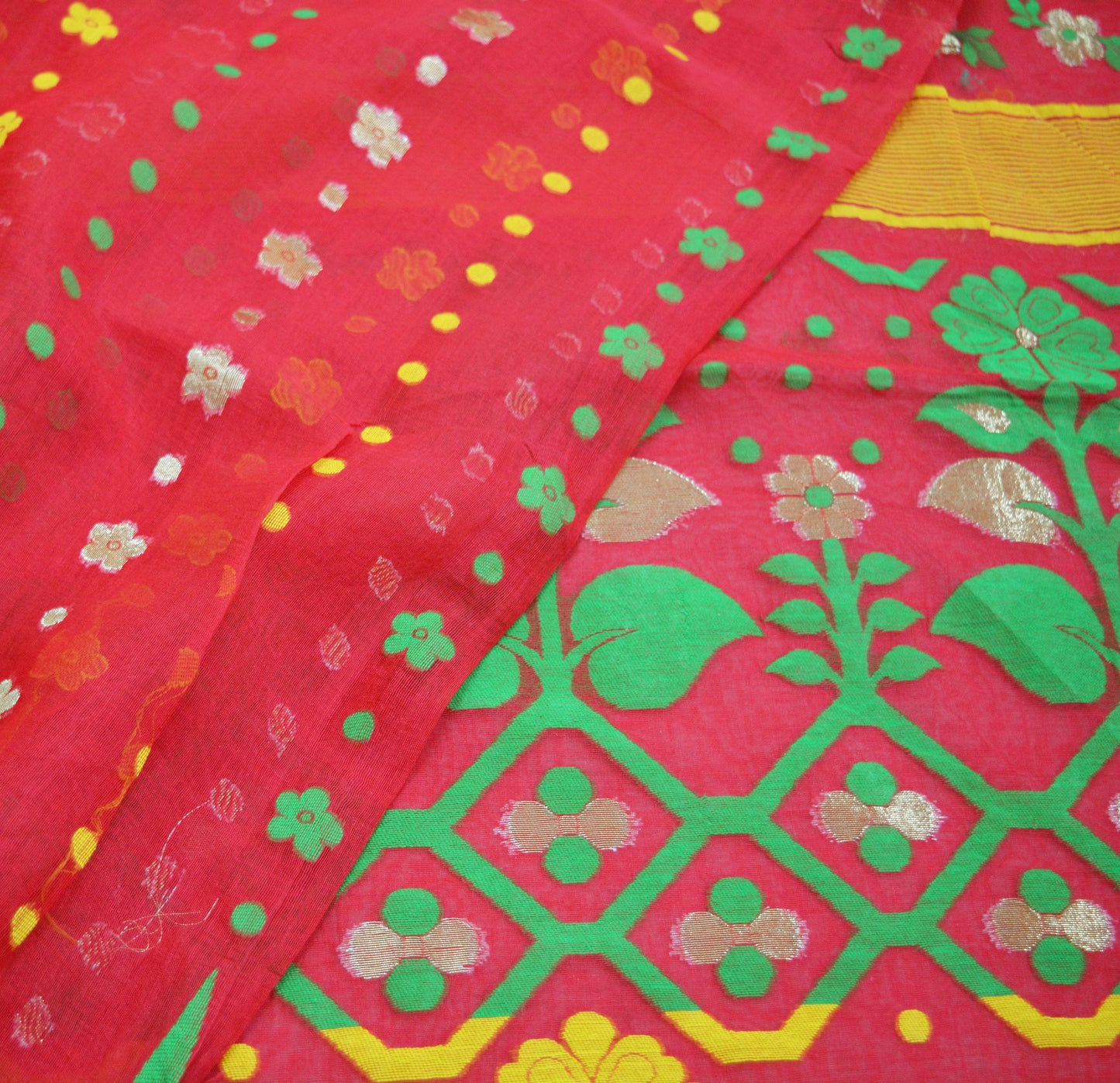 Indian Vintage Sari Red Hand Woven Sari Cotton Saree Fabric 5Yard Floral Soft Golden Zari