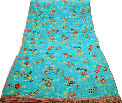 Indian Vintage Sari Blue Pure Crepe Silk Hand Embroidered Kantha Saree 5yard Sewing Floral Soft Floral