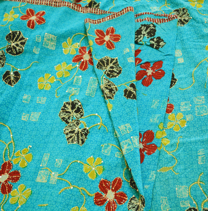 Indian Vintage Sari Blue Pure Crepe Silk Hand Embroidered Kantha Saree 5yard Sewing Floral Soft Floral