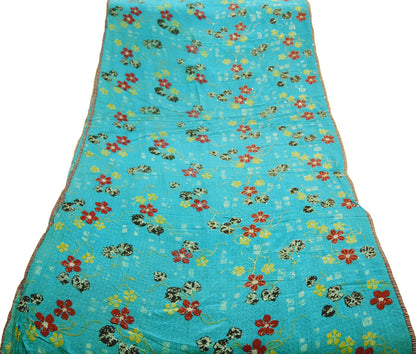 Indian Vintage Sari Blue Pure Crepe Silk Hand Embroidered Kantha Saree 5yard Sewing Floral Soft Floral