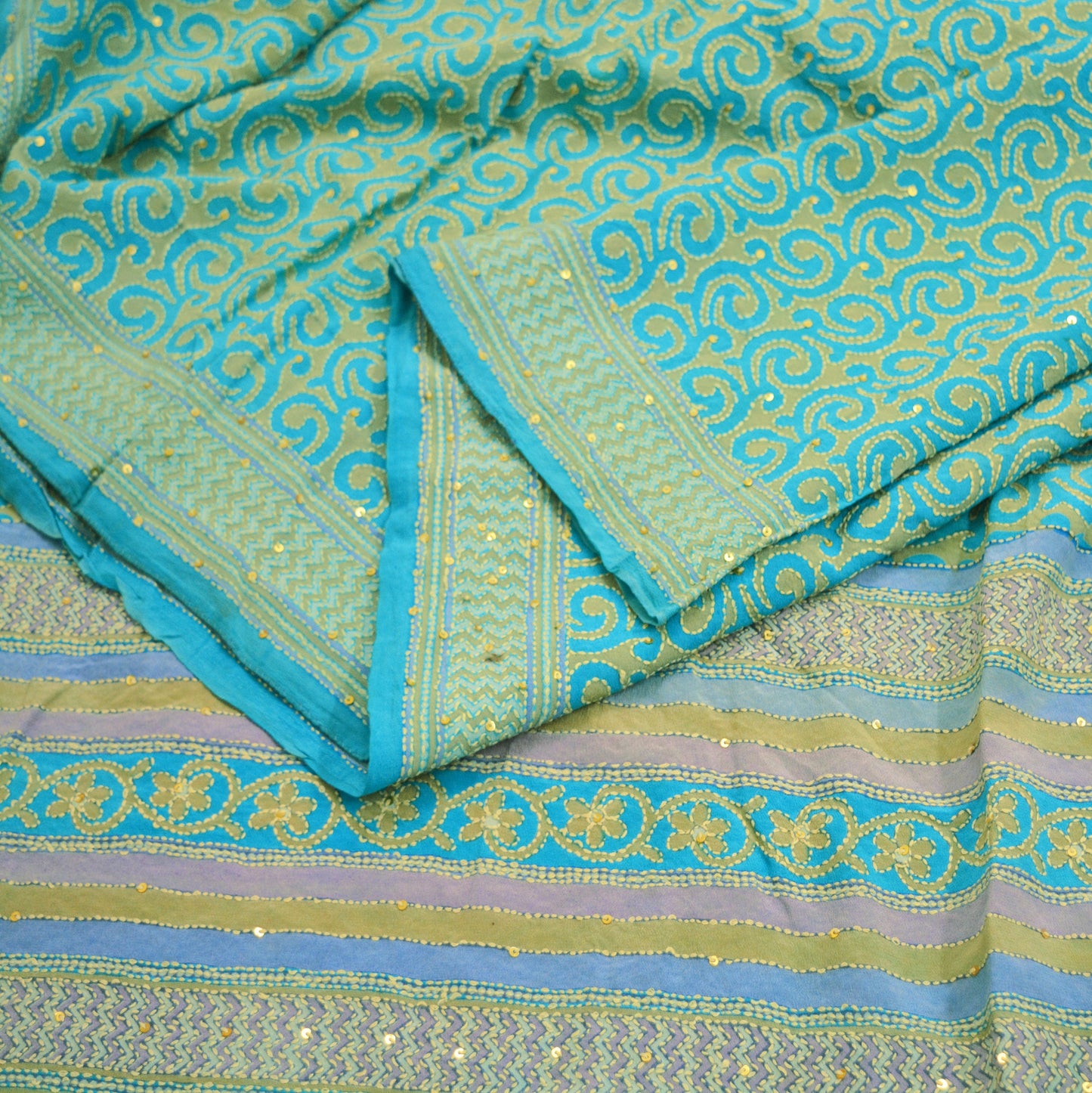 Indian Vintage Sari Blue Pure Crepe Silk Hand Embroidered Kantha Saree 5yard Sewing Floral Soft Floral