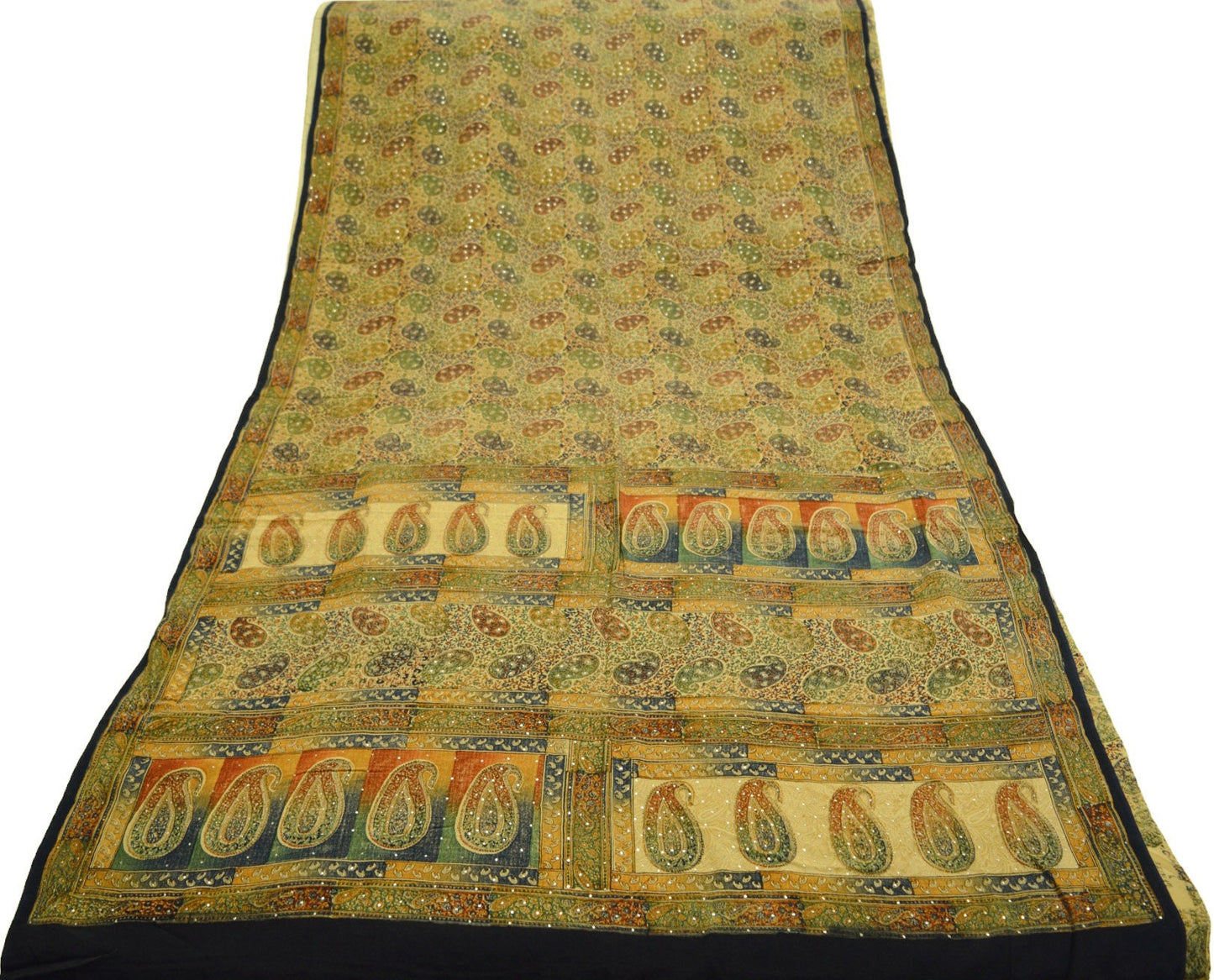 Indian Vintage Sari Beige Pure Crepe Silk Mukesh Work Printed Saree 5yard Sewing Floral Soft Craft Fabric Ethnic