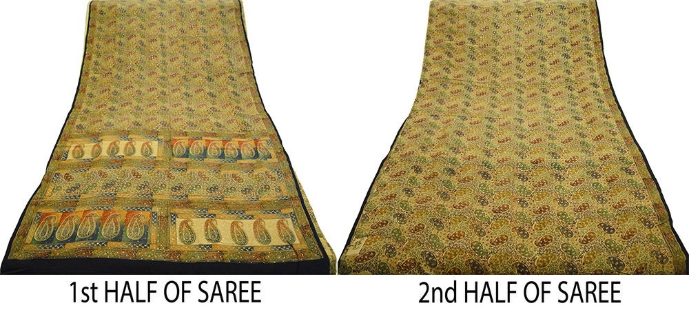 Indian Vintage Sari Beige Pure Crepe Silk Mukesh Work Printed Saree 5yard Sewing Floral Soft Craft Fabric Ethnic