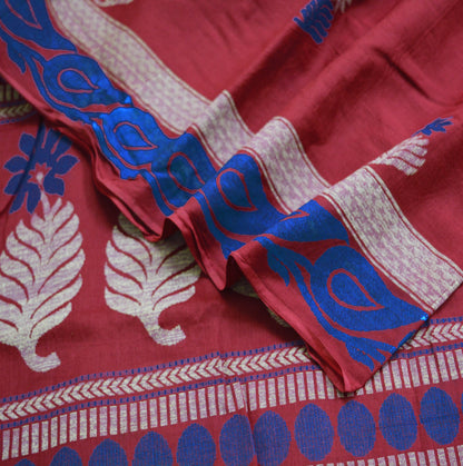 Indian Vintage Sari Red Hand Painted Sari Pure Cotton Saree Fabric 5Yard Floral Soft