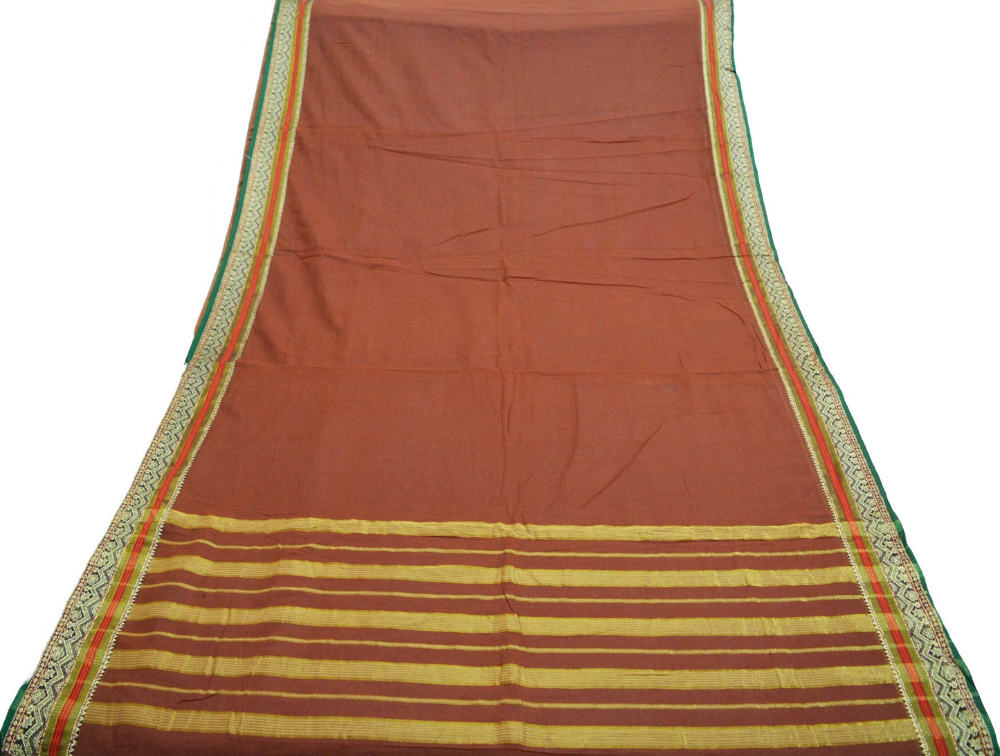 Vintage Sari Brown Pure Cotton Hand Woven Saree Golden Zari 5Yard Soft Floral Ethnic