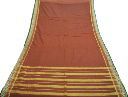 Vintage Sari Brown Pure Cotton Hand Woven Saree Golden Zari 5Yard Soft Floral Ethnic