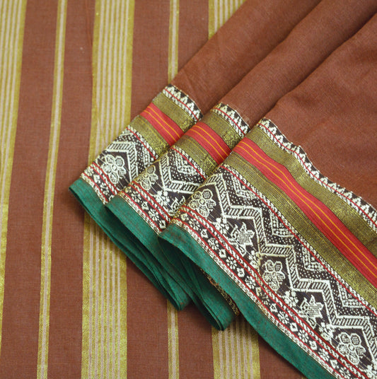 Vintage Sari Brown Pure Cotton Hand Woven Saree Golden Zari 5Yard Soft Floral Ethnic