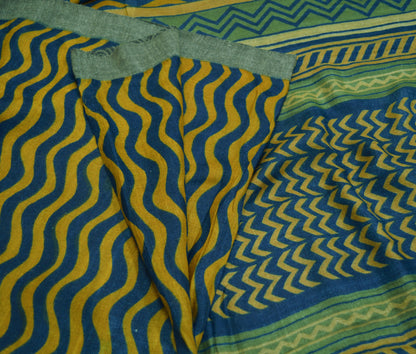 Vintage Blue & saffron Heavy Saree Pure Woolen Woven Printed Indian Sari Soft Warm Fabric 5Yard Stripes Zigzag