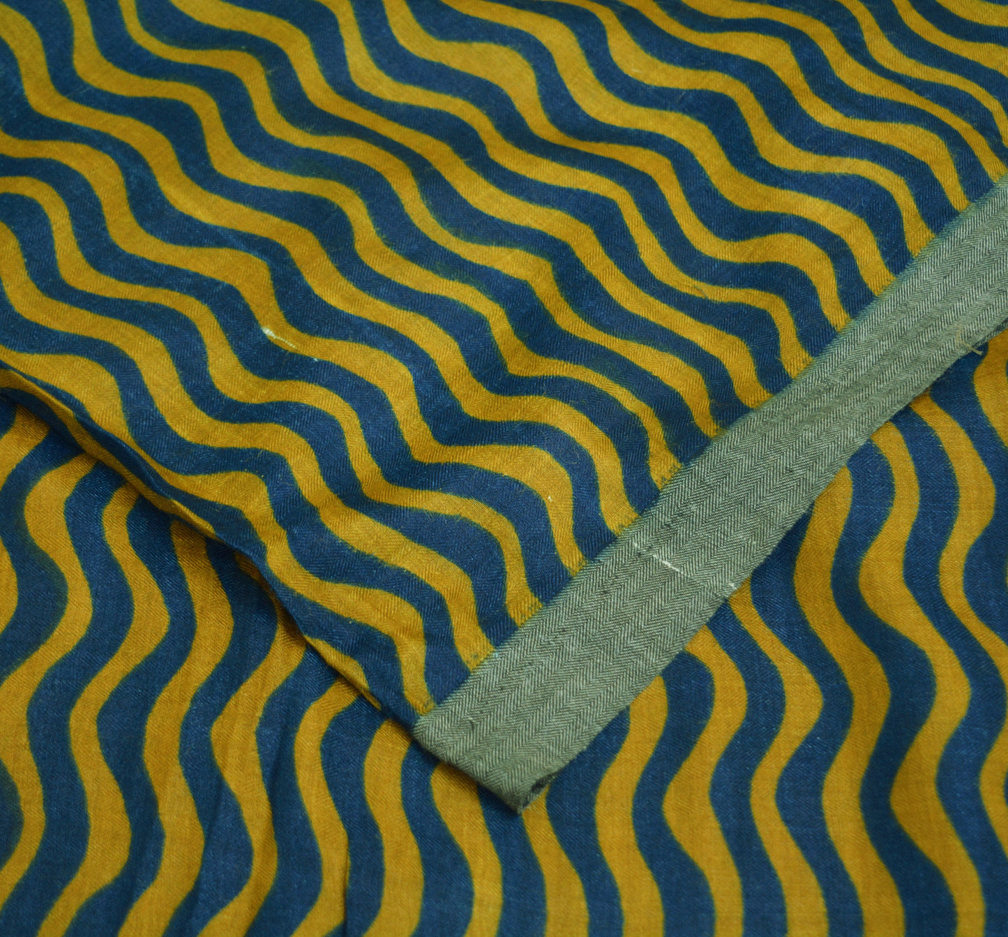 Vintage Blue & saffron Heavy Saree Pure Woolen Woven Printed Indian Sari Soft Warm Fabric 5Yard Stripes Zigzag