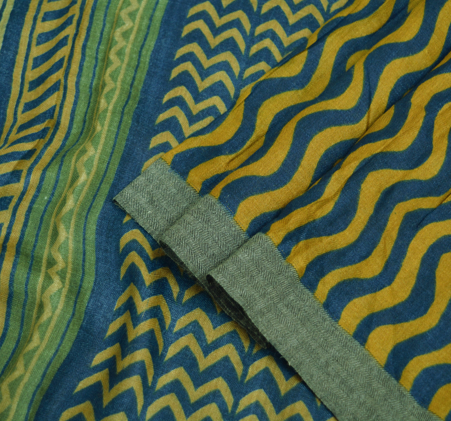 Vintage Blue & saffron Heavy Saree Pure Woolen Woven Printed Indian Sari Soft Warm Fabric 5Yard Stripes Zigzag