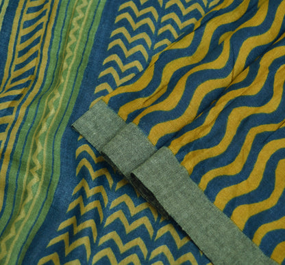 Vintage Blue & saffron Heavy Saree Pure Woolen Woven Printed Indian Sari Soft Warm Fabric 5Yard Stripes Zigzag