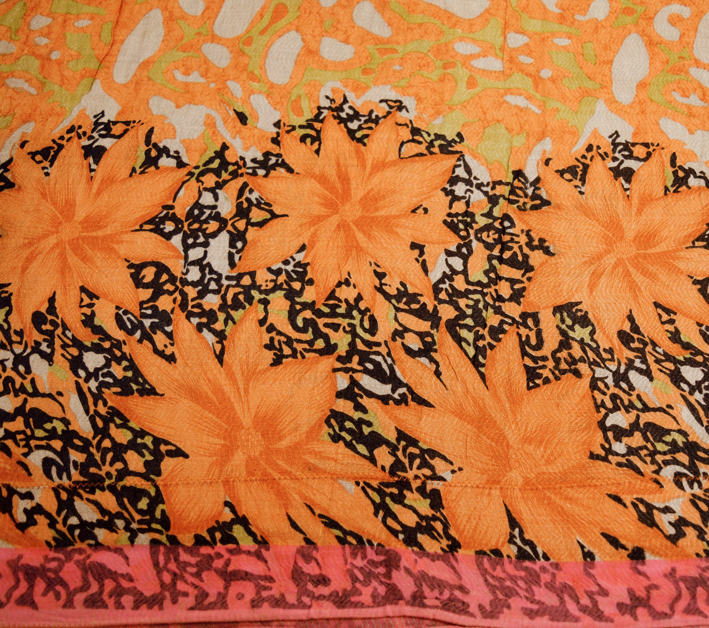 Vintage Orange & Black Heavy Saree Pure Woolen Woven Printed Indian Sari Soft Warm Fabric 5Yard Floral