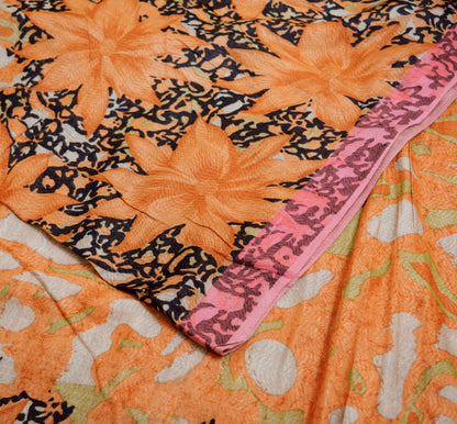 Vintage Orange & Black Heavy Saree Pure Woolen Woven Printed Indian Sari Soft Warm Fabric 5Yard Floral