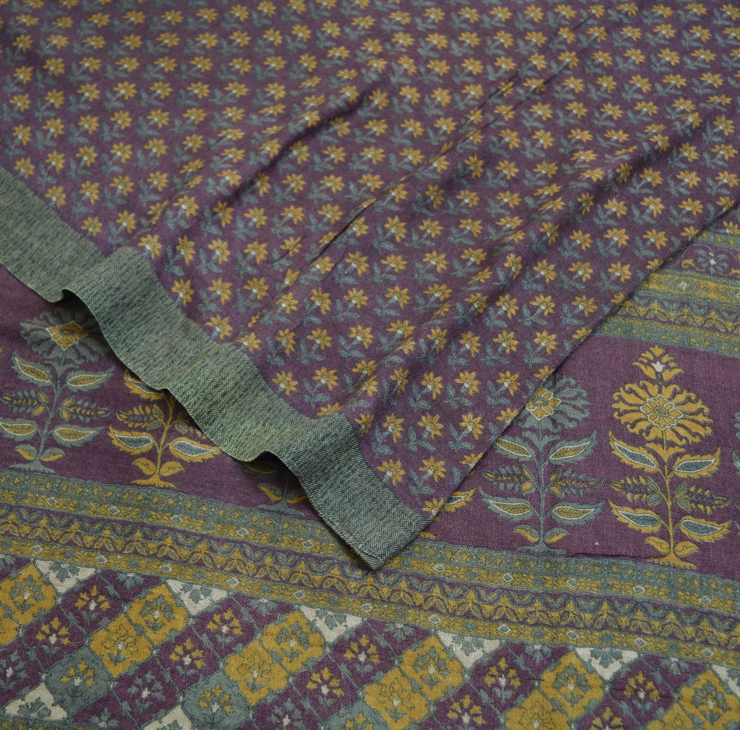 Vintage Purple & Gray Heavy Saree Pure Woolen Woven Printed Indian Sari Soft Warm Fabric 5Yard Floral