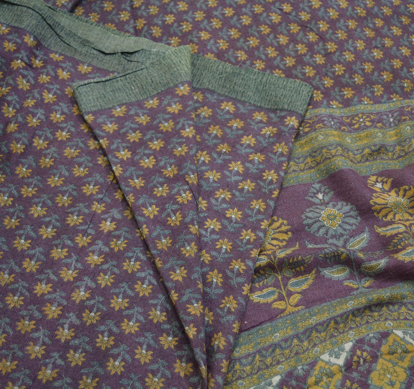 Vintage Purple & Gray Heavy Saree Pure Woolen Woven Printed Indian Sari Soft Warm Fabric 5Yard Floral