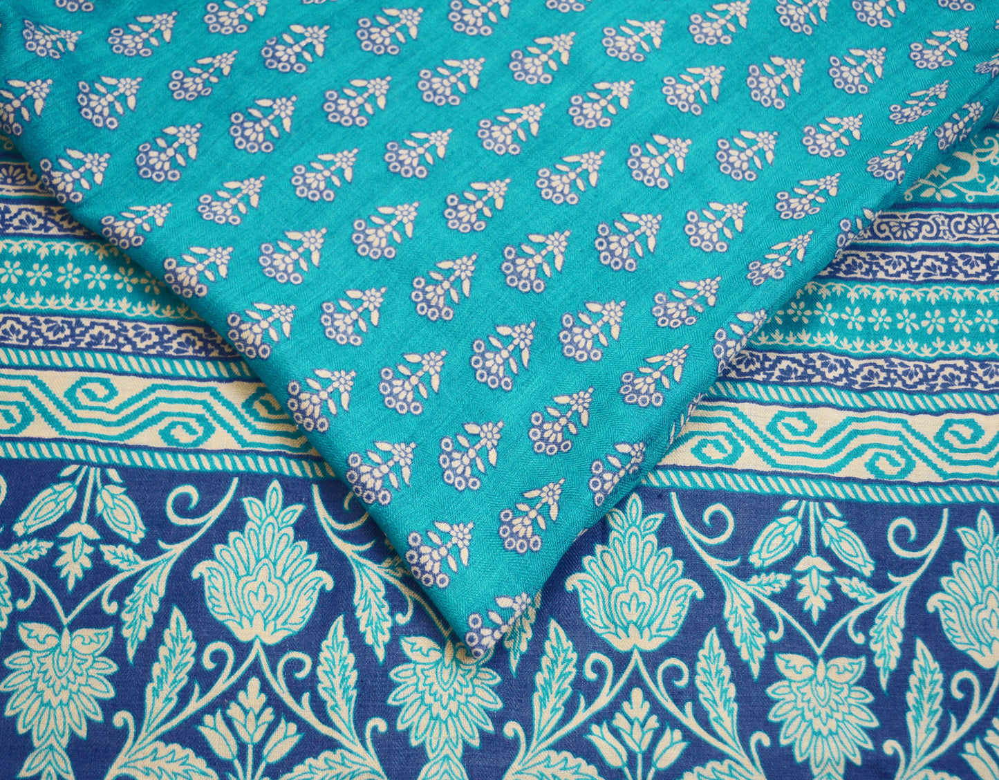 Vintage Blue Heavy Saree Pure Woolen Woven Printed Indian Sari Soft Warm Fabric 5Yard Floral Woven Border