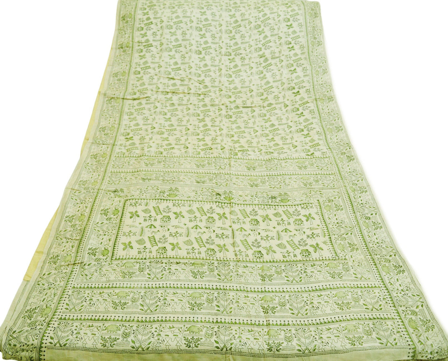 Indian Vintage Ivory Saree Pure Khadi Silk Handloom Warli Printed Indian Sari Fabric 5yard Ethnic Wear Sari Floral