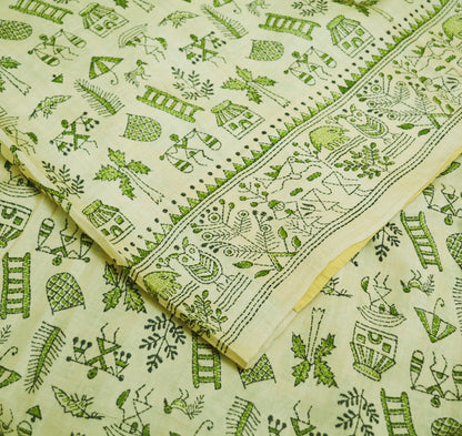 Indian Vintage Ivory Saree Pure Khadi Silk Handloom Warli Printed Indian Sari Fabric 5yard Ethnic Wear Sari Floral