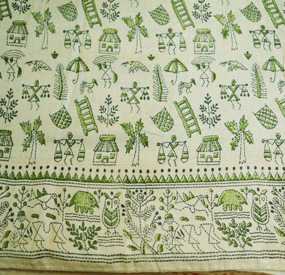 Indian Vintage Ivory Saree Pure Khadi Silk Handloom Warli Printed Indian Sari Fabric 5yard Ethnic Wear Sari Floral