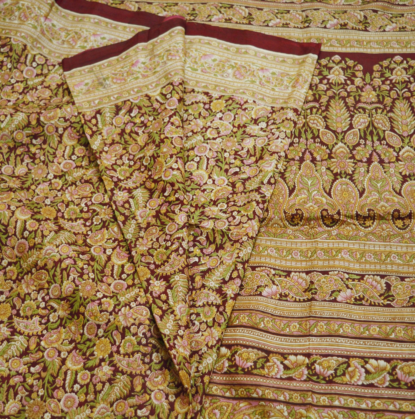 Indian Vintage Sari Maroon 100% Pure Silk Printed Saree Fabric 6yard Sewing Craft DressMaking  Soft Paisley