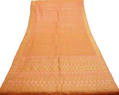 Indian Vintage Sari Heavy Wedding Pure Satin Silk Peach Woven Banarasi Brocade Saree Zari 5Yard